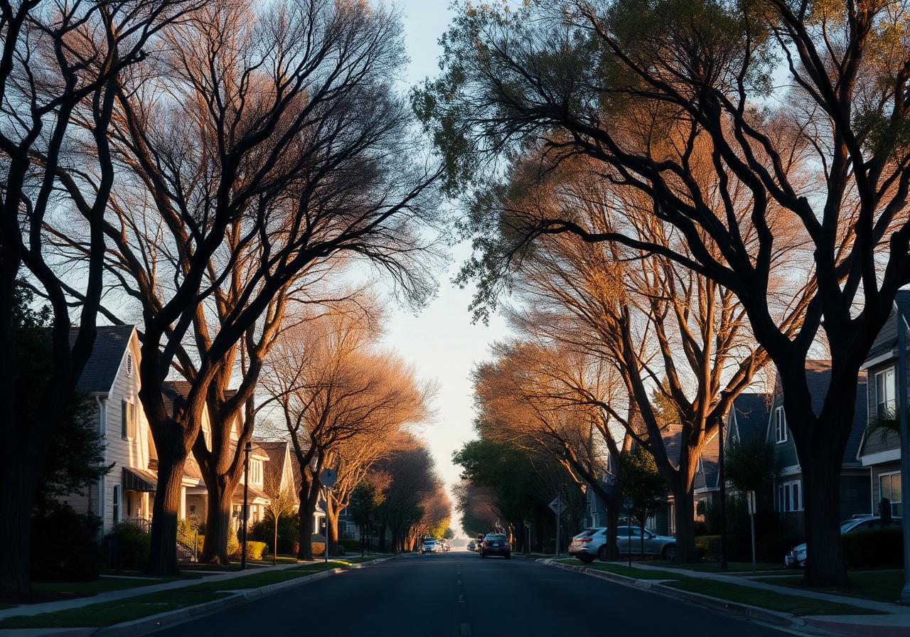 Newark tree-lined street at golden hour
