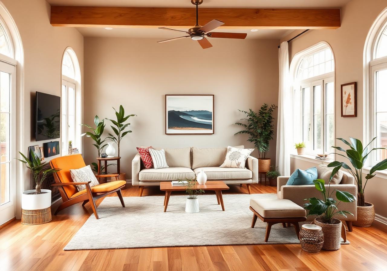 Warm mid-century living room bathed in natural light