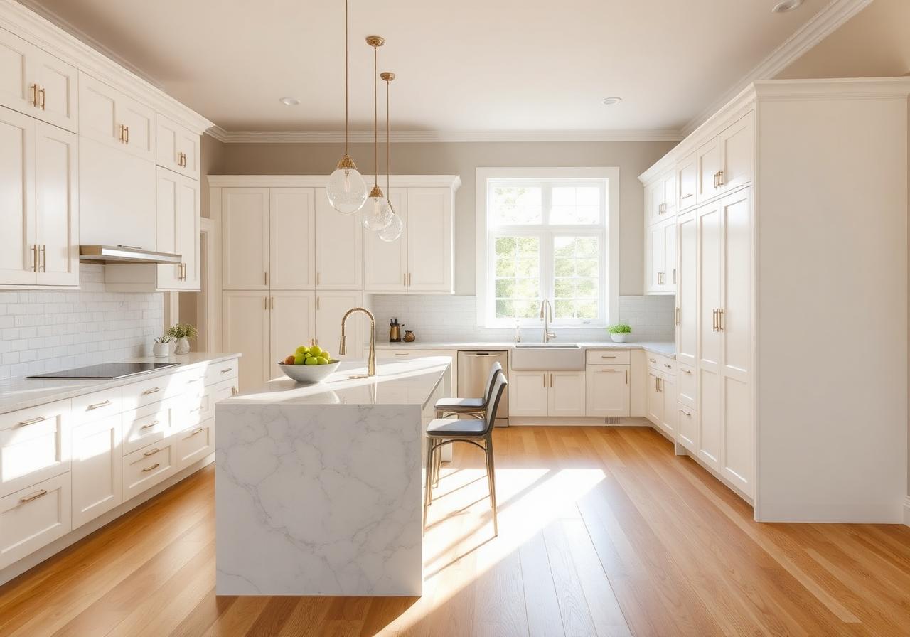 Bright modern kitchen with marble island